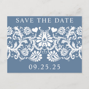 Victorian Floral French Blue Damask Save the Date Announcement Postcard