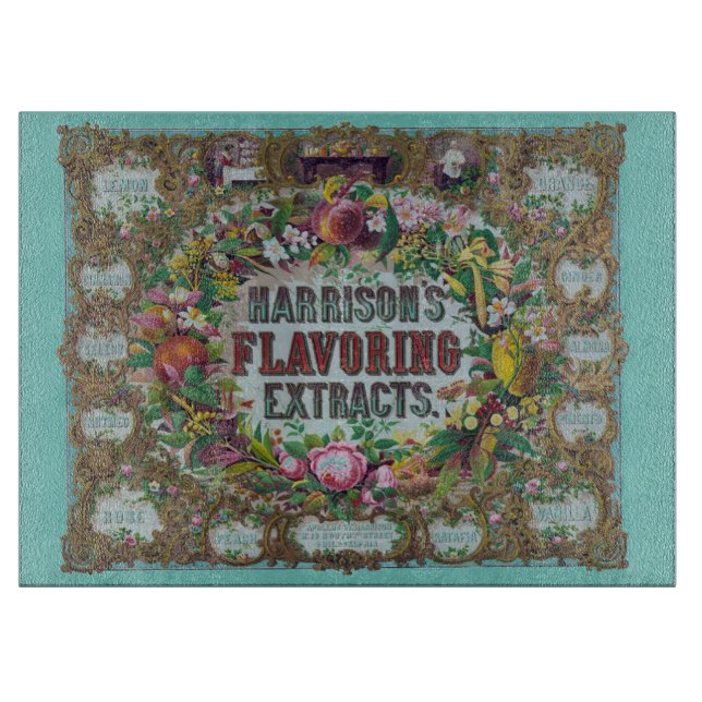 Victorian floral fruit baking extract teal pink cutting board (Front)