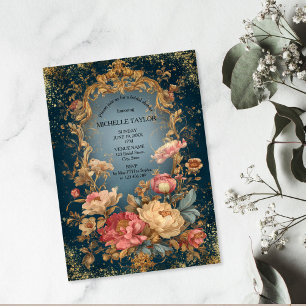Victorian Floral Golden Frame Elegant Bridal Invitation