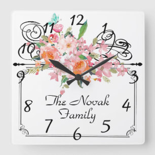 Victorian floral hanging sign wedding square wall  clock