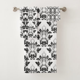 Victorian Floral Pattern Seamless Black White Bath Towel Set