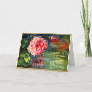 Victorian Floral Pink Rose Lake Scene Birthday Card