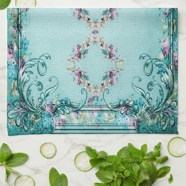 Victorian floral Rose flowers and scroll elegant Kitchen Towel (Folded)