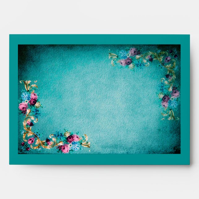 Victorian floral rose flowers elegant teal envelope (Front)