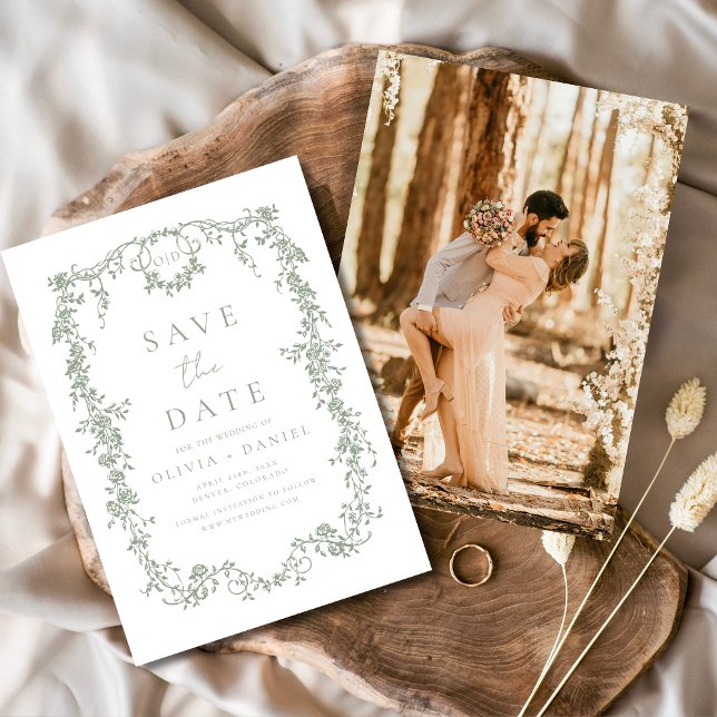 Victorian Floral Sage Green Photo French Wedding  Save The Date (Creator Uploaded)