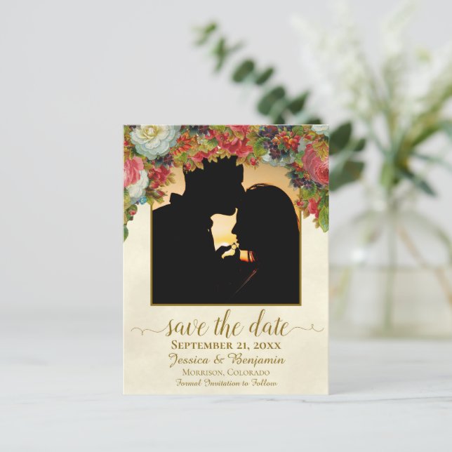 Victorian Flowers w/Photo Wedding Save the Date Announcement Postcard (Standing Front)