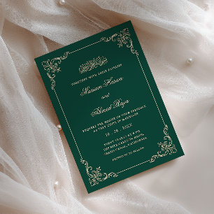 Victorian Frame Gold Emerald Green Muslim Wedding Invitation