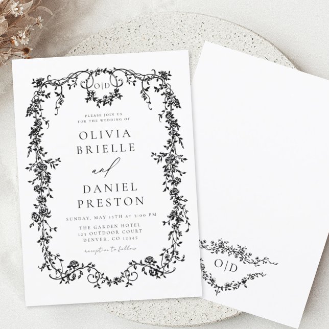 Victorian French Black White Wedding Monogram Invitation (Creator Uploaded)