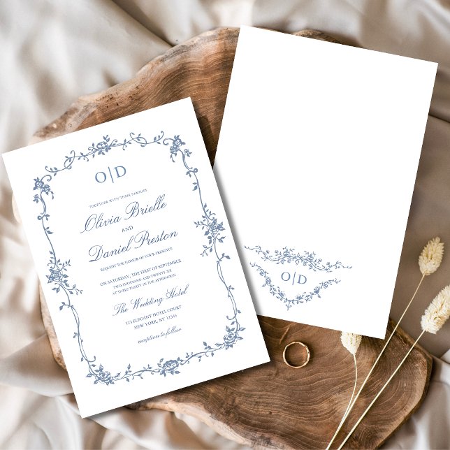 Victorian French Blue Floral Wedding Monogram Invitation (Creator Uploaded)