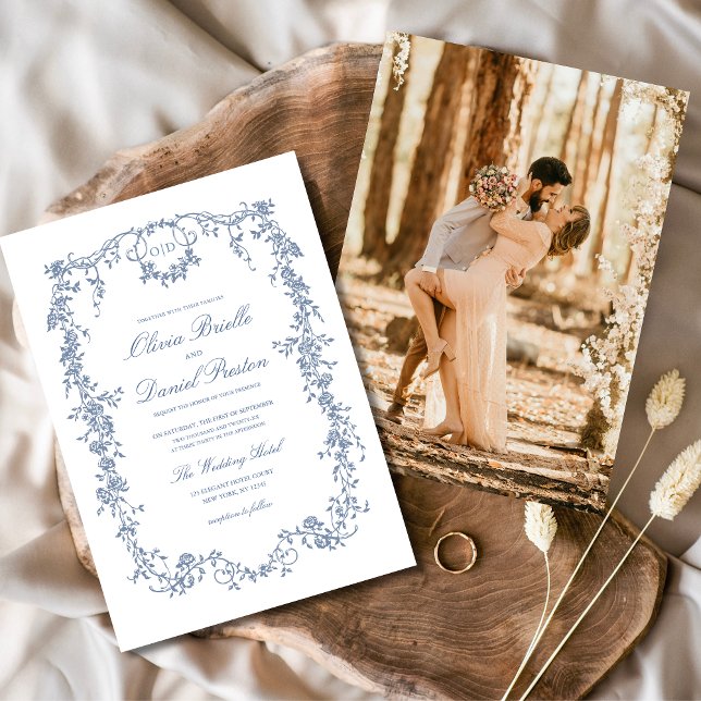 Victorian French Blue Photo Monogram Wedding  Invitation (Creator Uploaded)