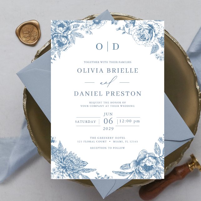 Victorian French Dusty Blue Wedding Monogram Invitation (Creator Uploaded)