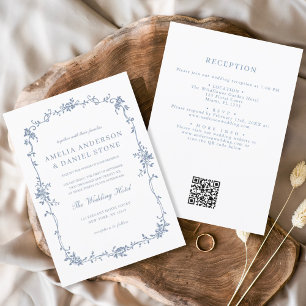 Victorian French QR Code Blue Vintage Wedding Invitation