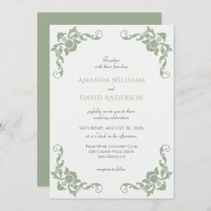 Victorian French Sage Green Wedding Invitation