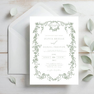 Victorian French Sage Green Wedding Monogram Invitation