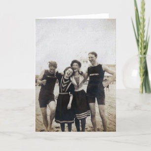 Victorian friends having fun at beach old photo  holiday card