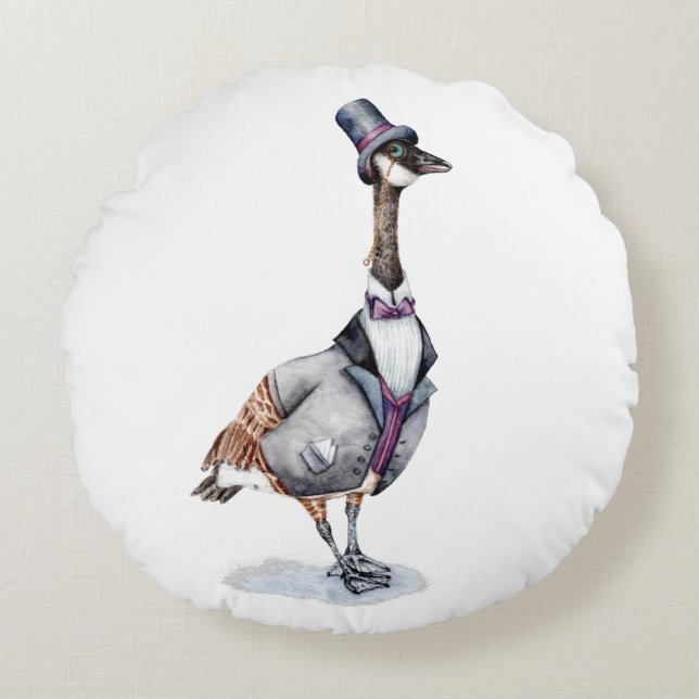 Victorian Gentleman Goose in a Top Hat Round Pillow (Front)