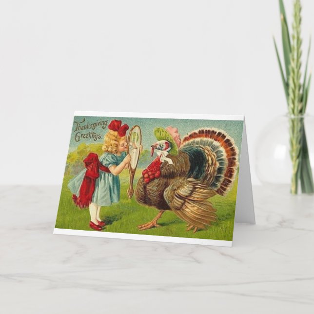 Victorian Girl And Turkey Thanksgiving Card (Front)