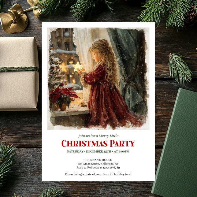 Victorian girl awaits Santa printable holiday  Invitation (Victorian girl awaits Santa printable holiday invite)