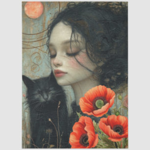 Victorian Girl Cat Moon Red Poppies Abstract Art  Tissue Paper