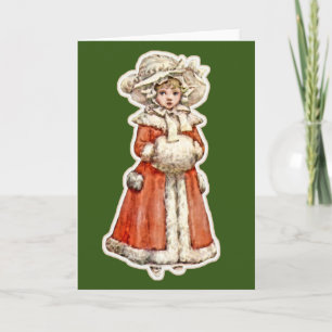 Victorian girl child paper doll winter coat red  card