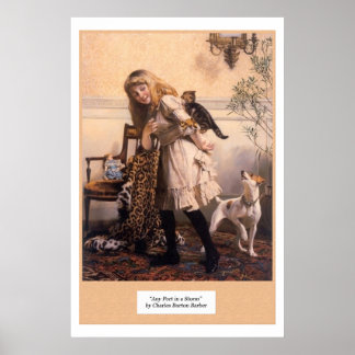 Victorian Girl Kittens Dog "Any Port in a Storm" Poster