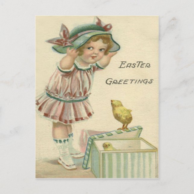 Victorian Girl Present Easter Chick Holiday Postcard (Front)