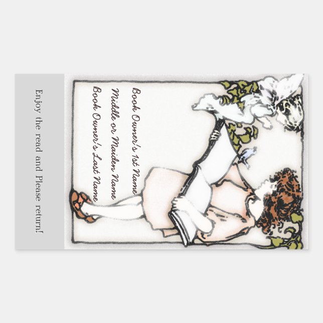 Victorian Girl Reading Personalized Bookplate Sticker (Front)