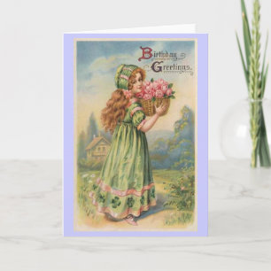 Victorian girl roses vintage birthday card