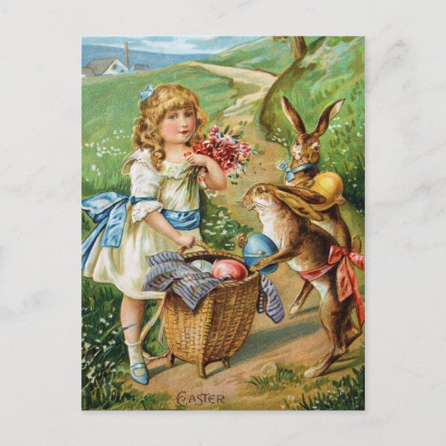 Victorian Girl with Easter Bunnies & Eggs Post Holiday Postcard (Front)