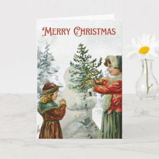 Victorian Girls Building a Snowman  Card