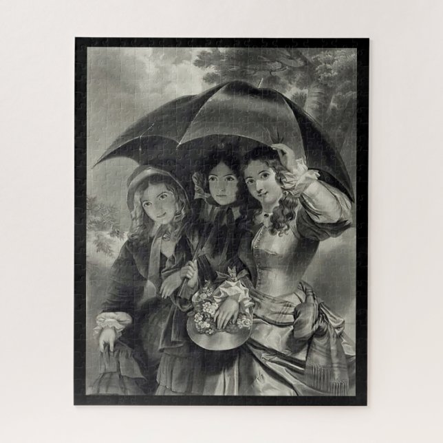 Victorian girls umbrella rainy day black white jigsaw puzzle (Vertical)