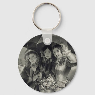 Victorian girls umbrella rainy day black white keychain