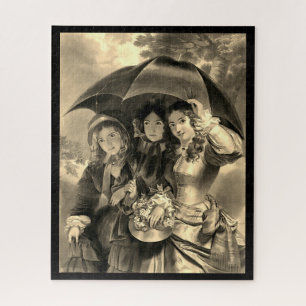 Victorian girls umbrella rainy day sepia gold jigsaw puzzle