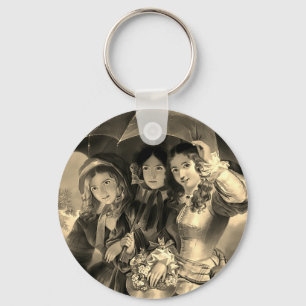 Victorian girls umbrella rainy day sepia gold keychain