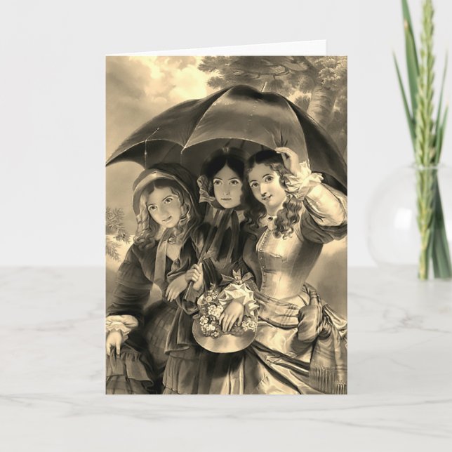 Victorian girls umbrella rainy day victorian lady card (Front)