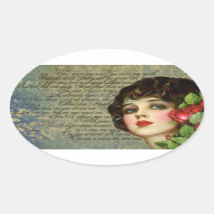 Victorian Glamor Girl avec Sticker Oval Rose Rouge