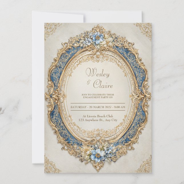 Victorian Gold Frame Blue Floral Elegance Wedding Invitation (Front)