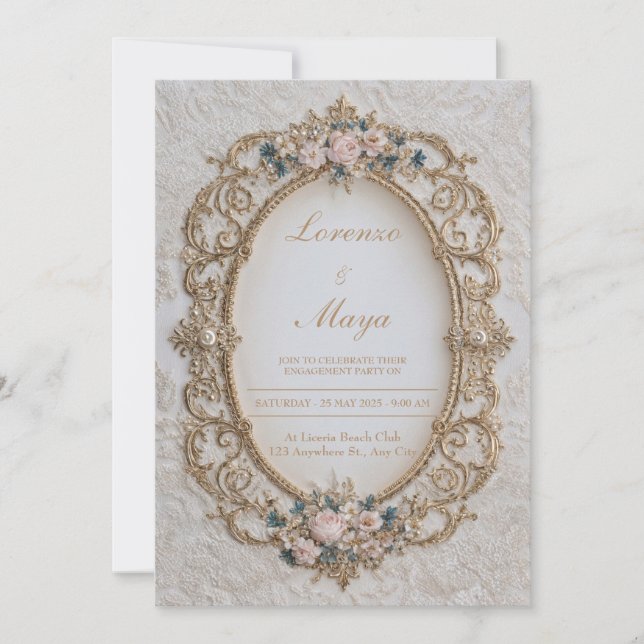 Victorian Gold Frame Floral Wedding Invitation (Front)