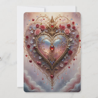 Victorian golden heart, roses and flowers, vintage holiday card