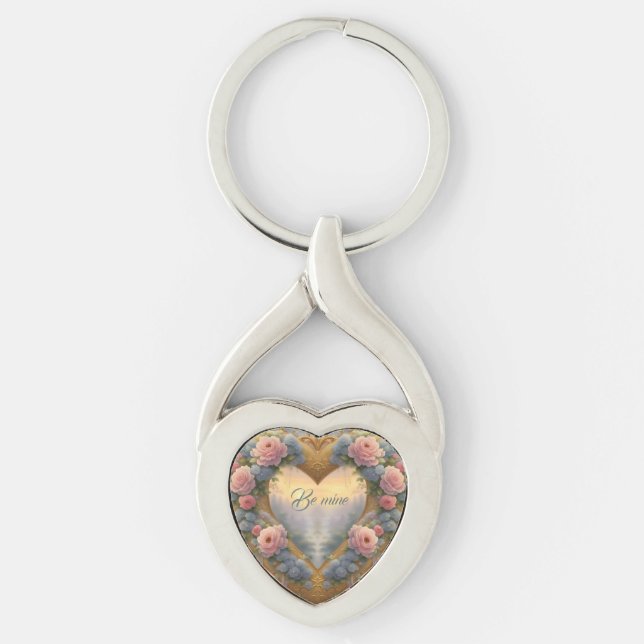 Victorian, golden heart with flowers and saying keychain (Front)