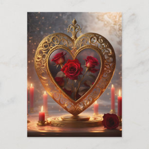 Victorian golden heart with red roses, vintage holiday postcard
