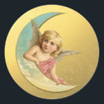 Victorian Golden Moon Angel Christmas Classic Round Sticker<br><div class="desc">Heavenly Victorian golden Moon Angel in Pink. A beautiful display to spread joy this Holiday Season. See our other Moon Angel Products.</div>