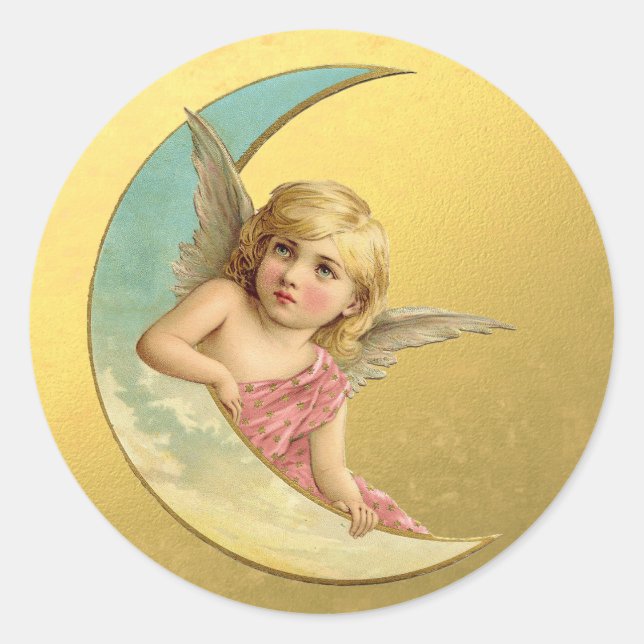 Victorian Golden Moon Angel Christmas Classic Round Sticker (Front)
