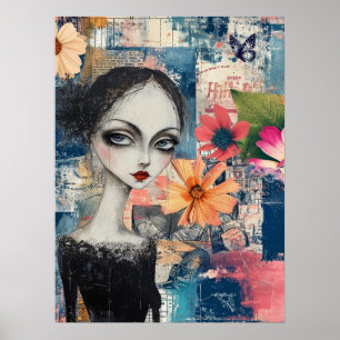 Victorian Goth Girl Floral Butterfly Abstract Art Poster