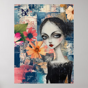 Victorian Goth Girl Floral Butterfly Abstract Art Poster