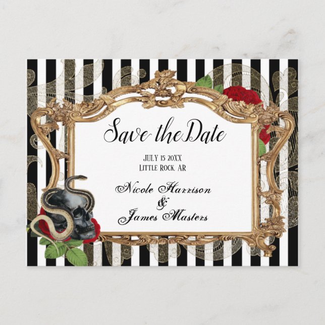 Victorian Gothic Black Stripe Save the Date Announcement Postcard (Front)