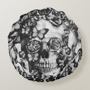Victorian gothic, butterfly lace skull round pillow