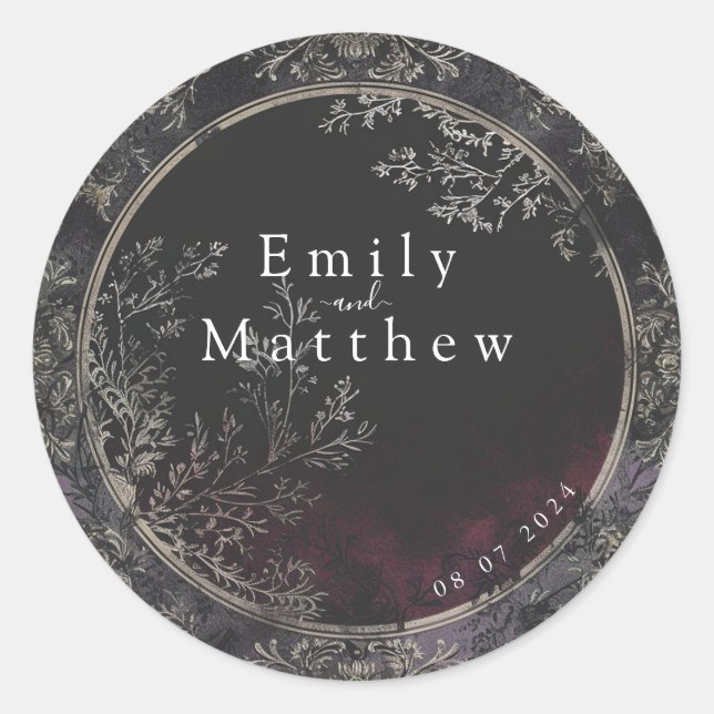 Victorian Gothic Elegance Wedding Classic Round Sticker (Front)