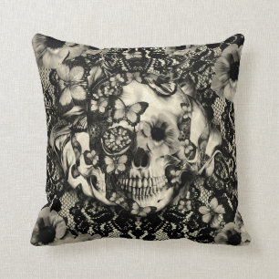 Victorian Gothic floral lace skull Throw Pillow