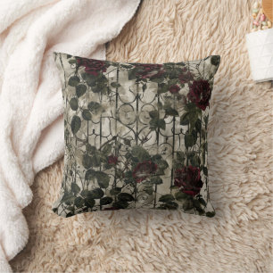 Victorian Gothic Garden Roses Pattern Throw Pillow